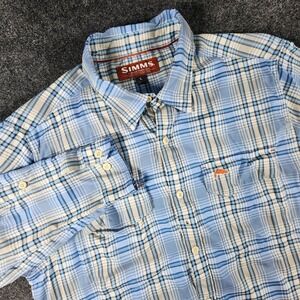 Simms Fishing Shirt Mens Large Blue Plaid Long Sleeve Button Up Logo Gorpcore